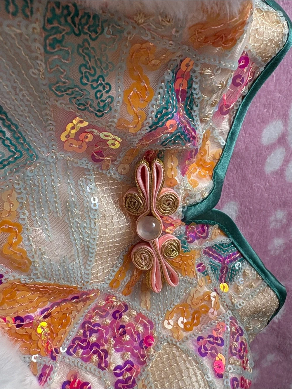 New year Embellished Satin & Faux Fur Pet Hooded Coat - Pink Multicolor